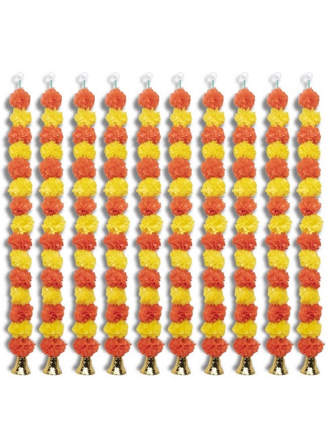 Kaameri Bazaar Marigold Artificial Fluffy Garland with Bell Used for Festival | Home Decoration Colour Light & Dark Orange | Pack of 10 - Image 1
