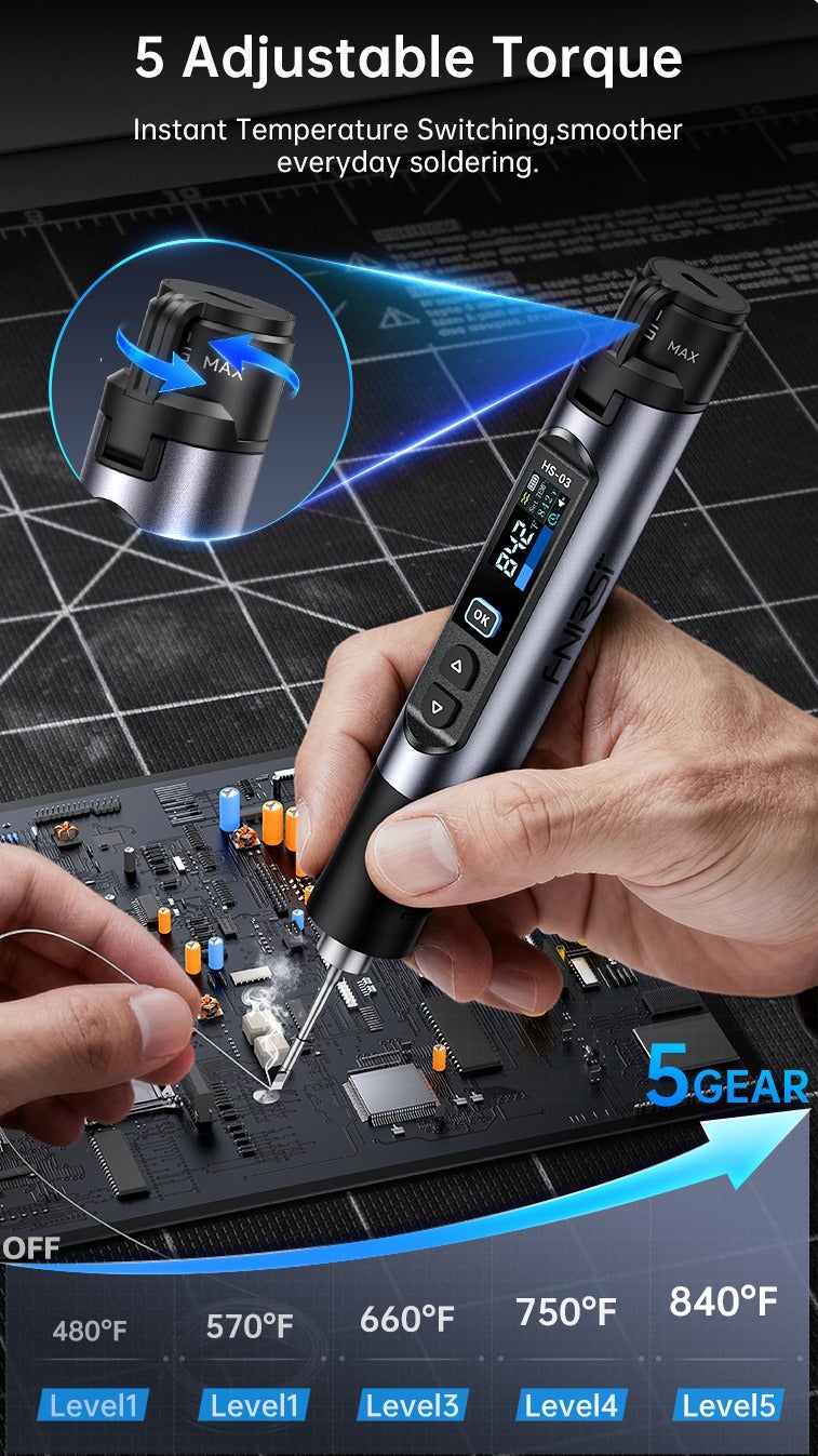 فنيرسي FNIRSI HS-03 مكواة لحام كهربائية بدرجة حرارة ثابتة لاسلكية، بطارية 2600mAh طويلة العمر، وضع سلكي ولاسلكي، شاشة ملونة IPS بحجم 0.96 بوصة، تحكم بدرجة الحرارة بخمس مستويات - Image 5