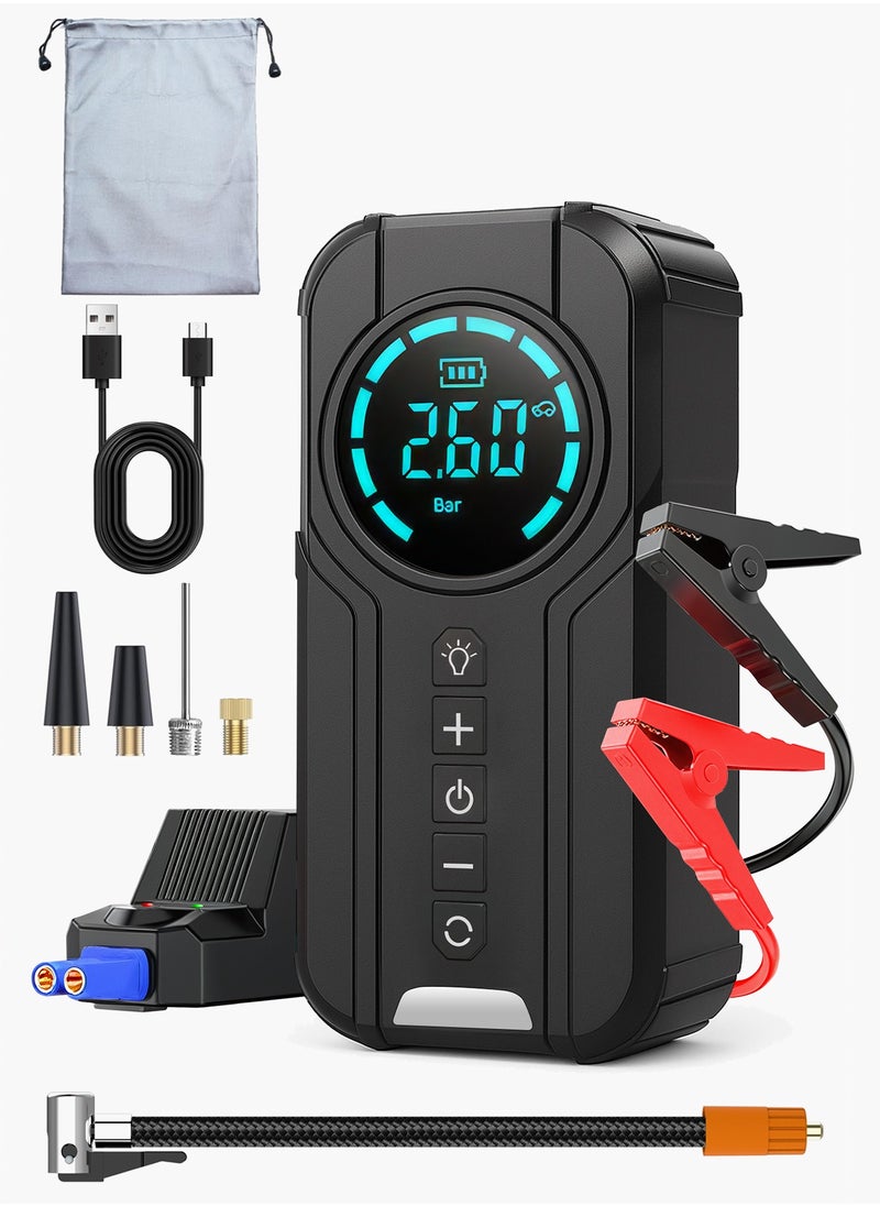 ULHYC Car Jump Starter with Air Compressor,  Large Battery (for Gasoline/Diesel Cars), Portable Battery Booster, Tire Inflator, Portable Charger with Jumper Cables, Built-in Light  - Image 1