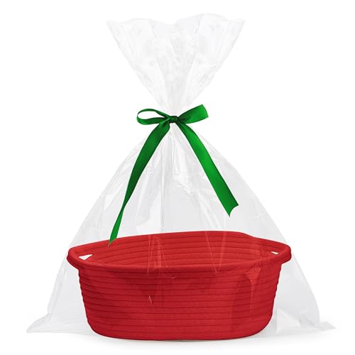 Pro Goleem Small Woven Basket with Gift Bags and Ribbons Durable Baskets for Gifts Empty Small Rope Basket for Storage 12X 8 X 5 Baby Toy Basket with Handles Red