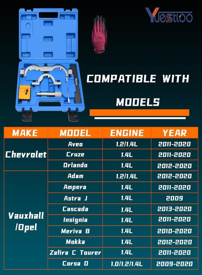 Yuesstloo Turbo Engine Timing Tool Kit for Vauxhall Opel Chevy Chevrolet Aveo Cruze 1.0 1.2 1.4, Camshaft Holding Locking Tool Set with Case & Gloves - Image 2