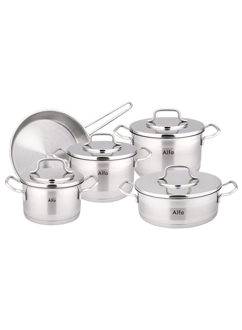 ALFA طقم أواني الطهي ألفا المتميز 9 قطع - ستانلس ستيل 18/10 Cr-Ni - 3 قدر عميقة - 1 قدر منخفض - 1 مقلاة - Image 1