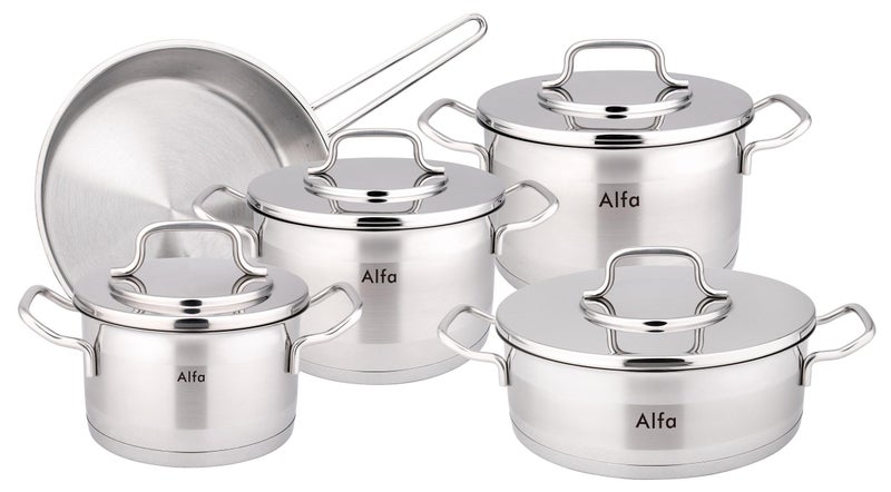 ALFA طقم أواني الطهي ألفا المتميز 9 قطع - ستانلس ستيل 18/10 Cr-Ni - 3 قدر عميقة - 1 قدر منخفض - 1 مقلاة - Image 1