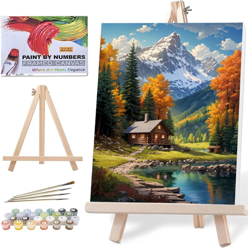 ldazao Mountain Paint by Numbers Kit for Adults Beginner with Frame Wooden Easel Cabin Adult Paint by Number Kits On Canvas for Gift Home Wall Decor 16x20 Inch - Image 1