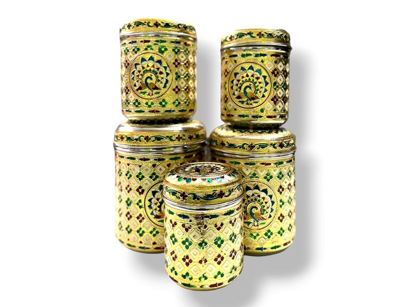 I Sonal Meenakari Rajwadi Decorative Oxidized Peacock Design Stainless Steel Handcrafted Storage Box 5 Pieces MultiPurpose  - Image 1