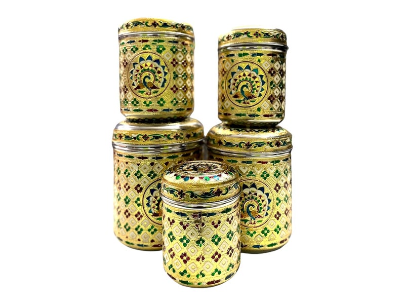 I Sonal Meenakari Rajwadi Decorative Oxidized Peacock Design Stainless Steel Handcrafted Storage Box 5 Pieces MultiPurpose  - Image 4
