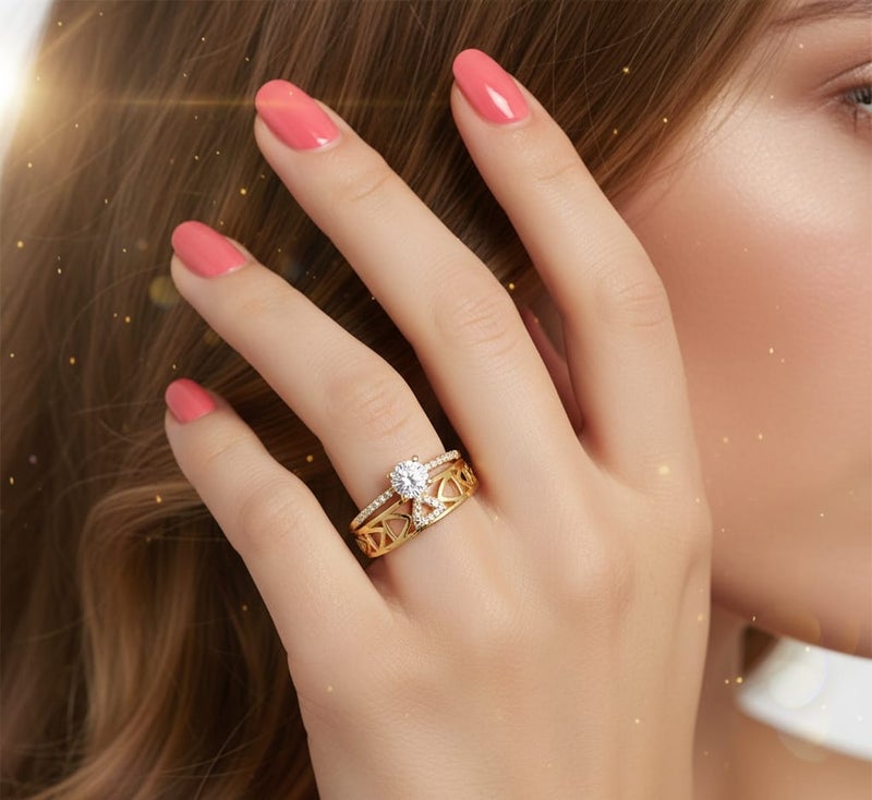 A double gold ring featuring a sparkling central crystal and shimmering stones with elegant hollow designs. The open design is adjustable to fit all sizes. - Image 2