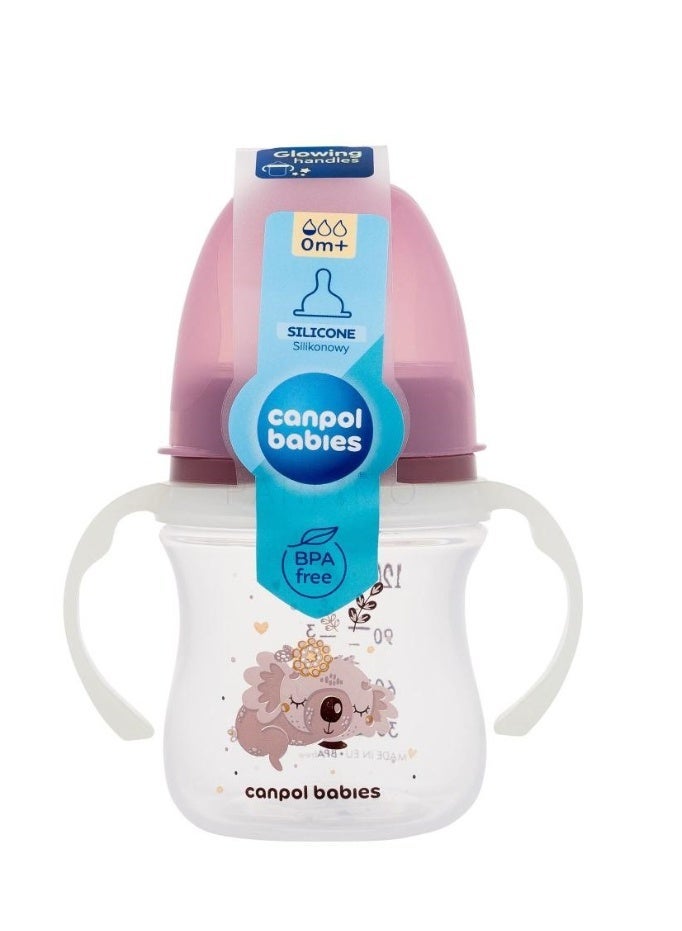 Canpol Babies Silicone Feeding Bottle with Handles | Pink Koala Design | 120 ml | 0m+ | BPA Free | Soft Silicone Teat | Easy Grip for Newborns - Image 1