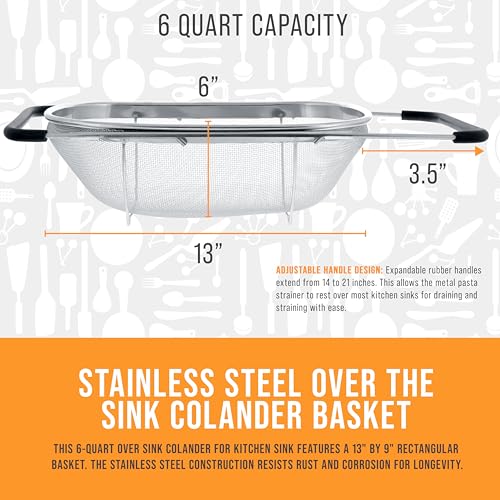 U.S. Kitchen Supply Stainless Steel Colander Strainer - 6-Quart Collapsible Colander with Expandable Rubber Handles - Rectangular Sieve, Fine Mesh Stainless Steel Strainers and Colanders for Kitchen - Image 4
