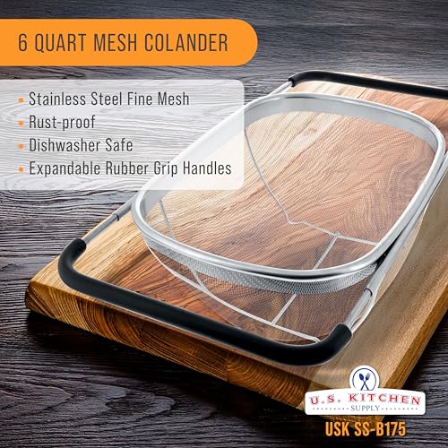 U.S. Kitchen Supply Stainless Steel Colander Strainer - 6-Quart Collapsible Colander with Expandable Rubber Handles - Rectangular Sieve, Fine Mesh Stainless Steel Strainers and Colanders for Kitchen - Image 2