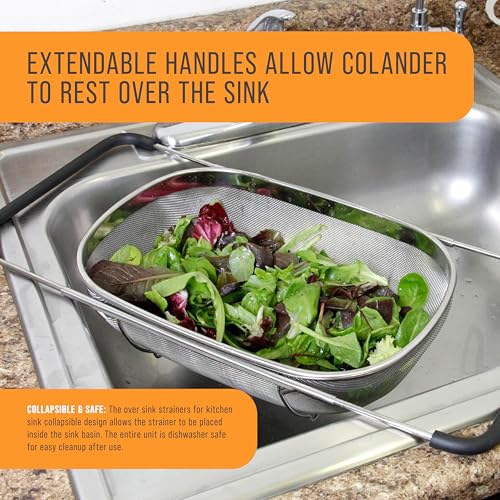 U.S. Kitchen Supply Stainless Steel Colander Strainer - 6-Quart Collapsible Colander with Expandable Rubber Handles - Rectangular Sieve, Fine Mesh Stainless Steel Strainers and Colanders for Kitchen - Image 5