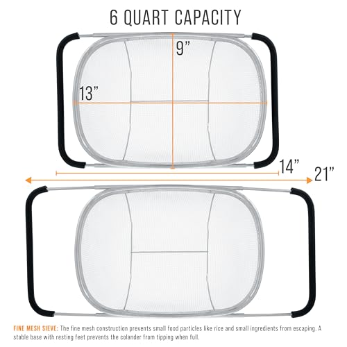 U.S. Kitchen Supply Stainless Steel Colander Strainer - 6-Quart Collapsible Colander with Expandable Rubber Handles - Rectangular Sieve, Fine Mesh Stainless Steel Strainers and Colanders for Kitchen - Image 3