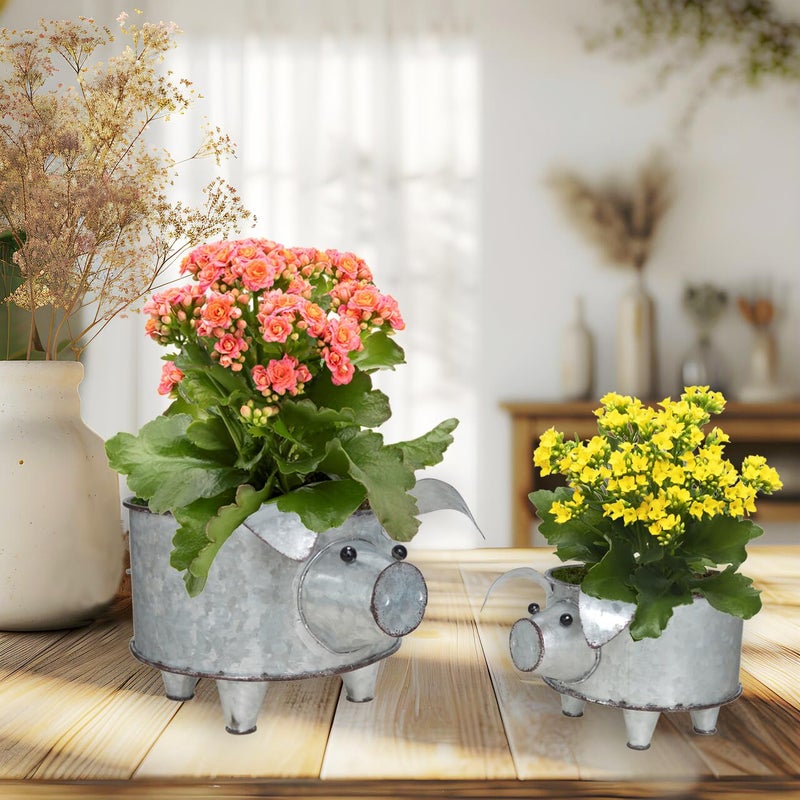 ShabbyDecor، وعاء معدني مجلفن لخنزير عصاري، مزرعة على شكل خنزير، صينية خنزير معدنية، ديكور ريفي، مجموعة من 2 - Image 5