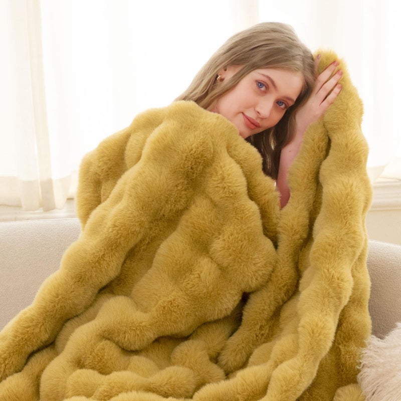 blunique Ultra Soft Cozy Faux Fur Throw Blanket-Fuzzy Plush Thick Bubble Blanket  Fluffy Valentines Day Blanket for Couch  Bed  and Living Room  50x60 Inches  Dark Yellow - Image 4