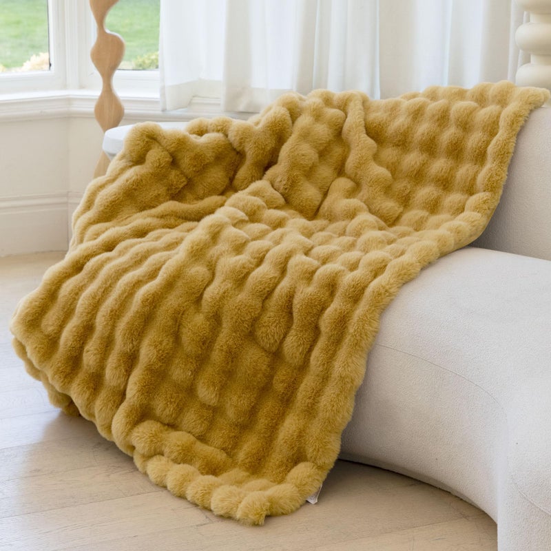 blunique Ultra Soft Cozy Faux Fur Throw Blanket-Fuzzy Plush Thick Bubble Blanket  Fluffy Valentines Day Blanket for Couch  Bed  and Living Room  50x60 Inches  Dark Yellow - Image 1