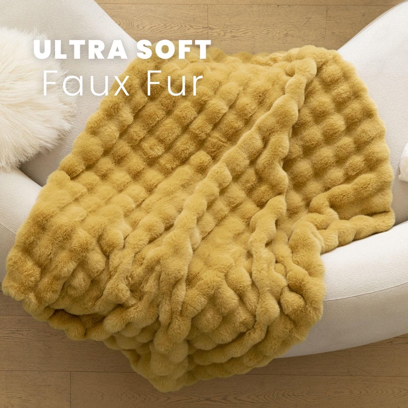 blunique Ultra Soft Cozy Faux Fur Throw Blanket-Fuzzy Plush Thick Bubble Blanket  Fluffy Valentines Day Blanket for Couch  Bed  and Living Room  50x60 Inches  Dark Yellow - Image 2