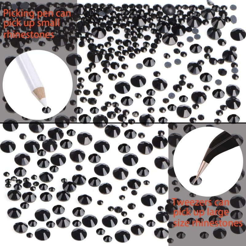 LPBeads 6400 Pieces Hotfix Rhinestones Black Flat Back 5 Mixed Sizes Crystal Round Glass Gems with Tweezers and Picking Rhinestones Pen - Image 5