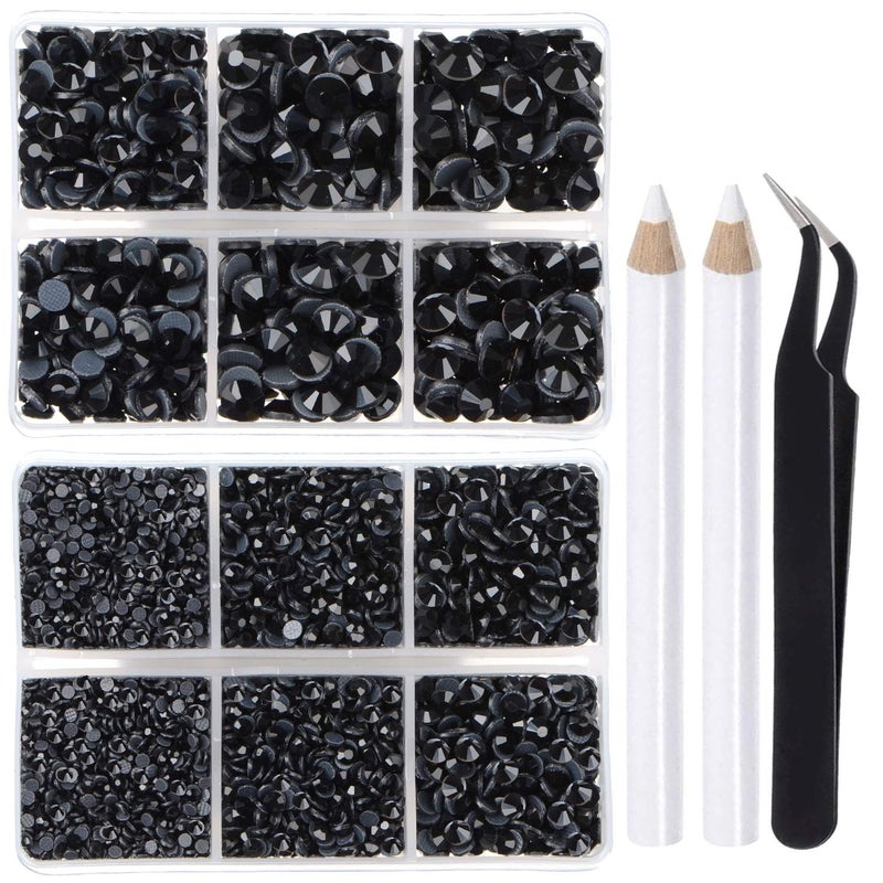 LPBeads 6400 Pieces Hotfix Rhinestones Black Flat Back 5 Mixed Sizes Crystal Round Glass Gems with Tweezers and Picking Rhinestones Pen - Image 1