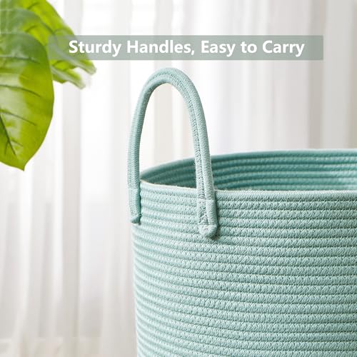 MOJOSCEND 15Dx20H inches Tall Green Hamper Cotton Rope Laundry Basket Woven Hamper for Clothes Blanket Storage in Bedroom Livng Room for Baby Nursery Kids Toys Organize 60L Capacity - Image 4