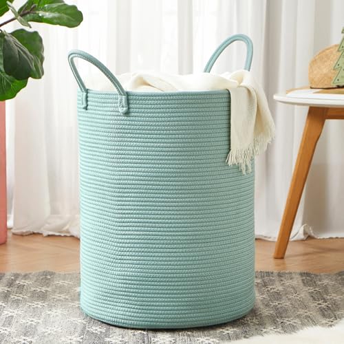 MOJOSCEND 15Dx20H inches Tall Green Hamper Cotton Rope Laundry Basket Woven Hamper for Clothes Blanket Storage in Bedroom Livng Room for Baby Nursery Kids Toys Organize 60L Capacity - Image 1