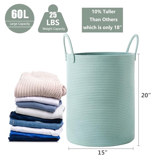 MOJOSCEND 15Dx20H inches Tall Green Hamper Cotton Rope Laundry Basket Woven Hamper for Clothes Blanket Storage in Bedroom Livng Room for Baby Nursery Kids Toys Organize 60L Capacity - Image 3