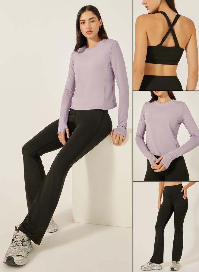 ستايلي اكتيف حزمة ستايلي 3 قطع - حمالة صدر رياضية مبطنة متعددة متقاطعة، توب بتفاصيل جانبية، وسروال ليجنز واسع الأرجل - Image 1