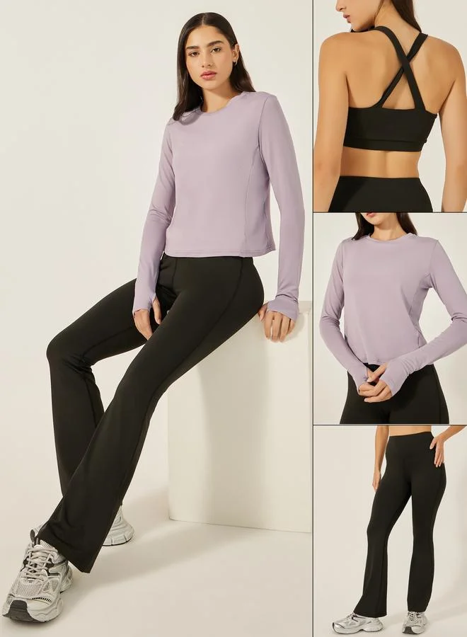 ستايلي اكتيف حزمة ستايلي 3 قطع - حمالة صدر رياضية مبطنة متعددة متقاطعة، توب بتفاصيل جانبية، وسروال ليجنز واسع الأرجل