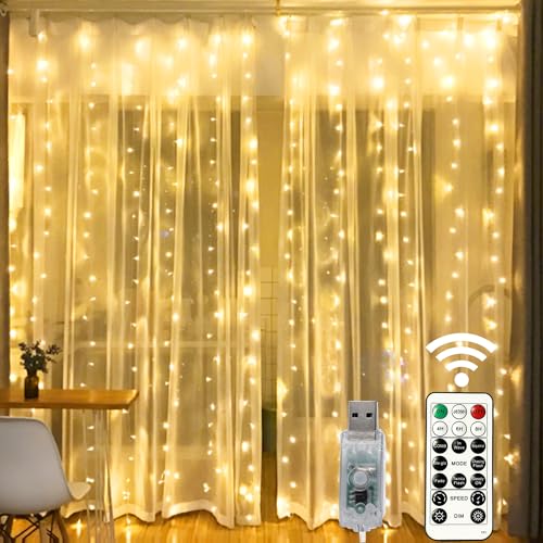 HOME LIGHTING Window Curtain String Lights, 300 LED 8 Lighting Modes Fairy Copper Light with Remote, USB Powered for Christmas Party Wedding Home Decorations (Warm White) - Image 1