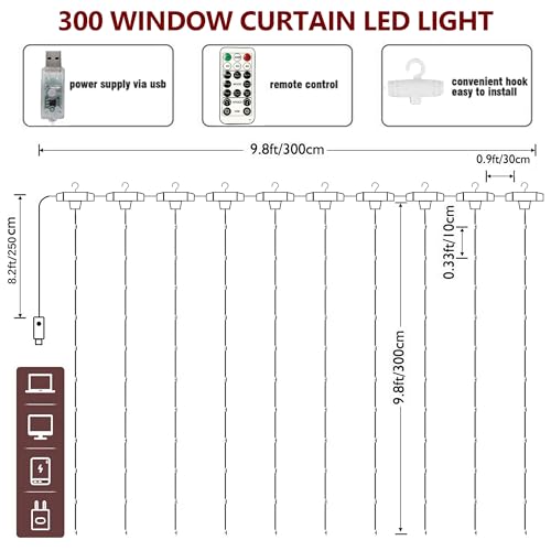 HOME LIGHTING Window Curtain String Lights, 300 LED 8 Lighting Modes Fairy Copper Light with Remote, USB Powered for Christmas Party Wedding Home Decorations (Warm White) - Image 4
