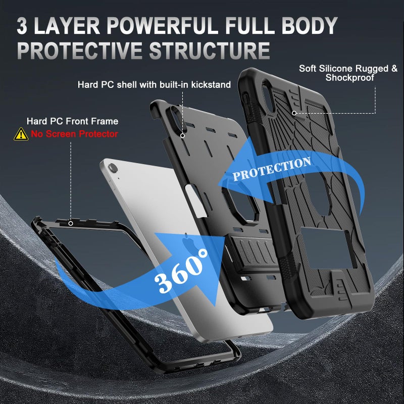 Sibeitu for iPad A16 Case 11th Generation 11 Inch 2025 / iPad 10th Generation Case 10.9 Inch 2022, Rugged Heavy Duty Military Grade Protective Cover Built-in Pencil Holder for i Pad 11/10 Gen, Black - Image 3