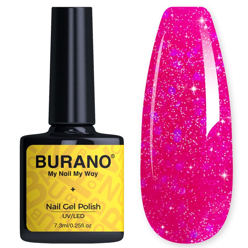 BURANO Glitter Gel Nail Polish - LED UV Curing, Holographic Effect, No Chip Sparkle Gel - Hot Pink (LP14) - Image 1