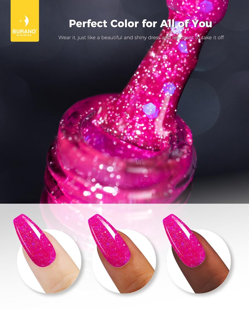 BURANO Glitter Gel Nail Polish - LED UV Curing, Holographic Effect, No Chip Sparkle Gel - Hot Pink (LP14) - Image 3