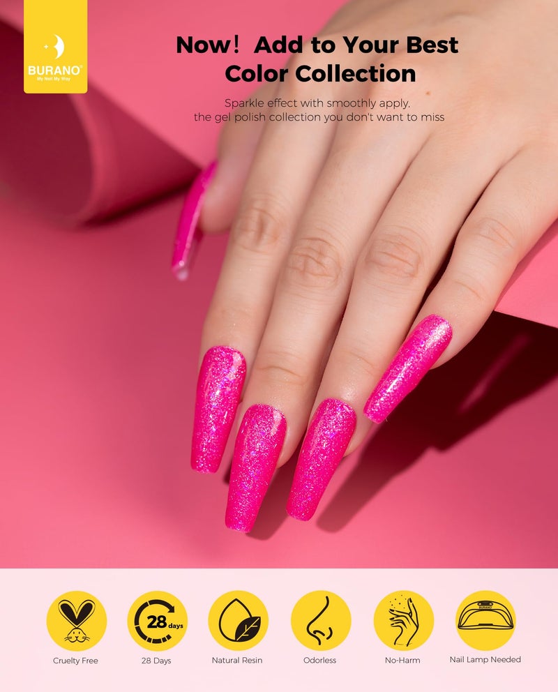 BURANO Glitter Gel Nail Polish - LED UV Curing, Holographic Effect, No Chip Sparkle Gel - Hot Pink (LP14) - Image 2