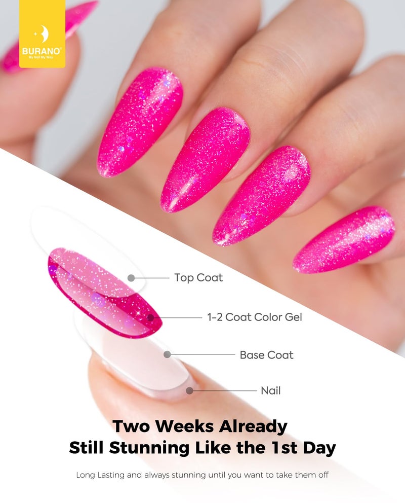 BURANO Glitter Gel Nail Polish - LED UV Curing, Holographic Effect, No Chip Sparkle Gel - Hot Pink (LP14) - Image 5