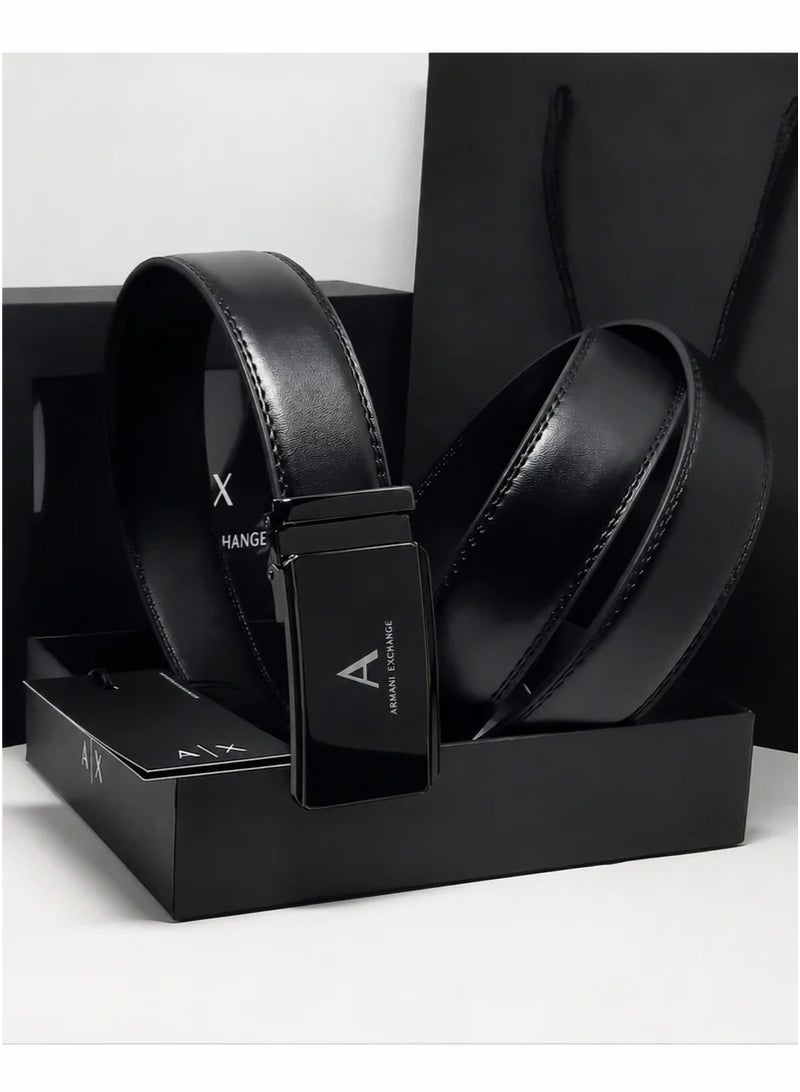 Armani Exchange Men's Black Leather Belt with A|X Logo Buckle - Image 1