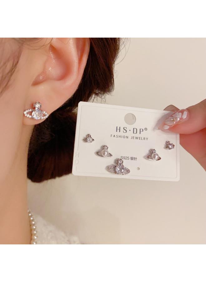 S925 Silver Needle Micro Inlaid Zircon Short Earrings Short Hair Earrings And Korean Elegant All-match Simple Three-piece Set Earrings For Women 