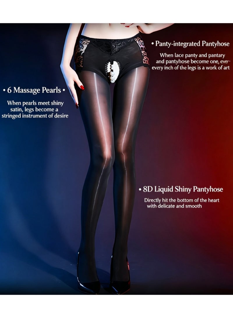 Crotch Integrated Pantyhose   Pearls, 8D Glossy Oil Shiny Lace Trim High Waist Sheer Tights,  Lingerie Stockings for Women - Image 5
