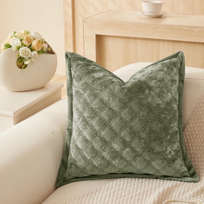 COCOPLOCEUS 1 Piece 18X18 Pillow Cover Velvet Quilted Pillow Cover Farmhouse Square Cushion Cover Soft Decorative Texture Pillow Covers for Couch Sofa Bed Bedroom Car Living Room Army Green - Image 1