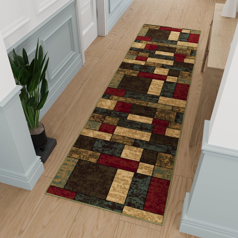 Ottomanson Hallway Runner Rug 27 x 910 Non Slip Boxes Area Rugs Easy to Clean Laundry Rug Runner Durable Pet Friendly Floor Carpet Runners for Hallways Entryway Living Room Kitchen Multicolor
