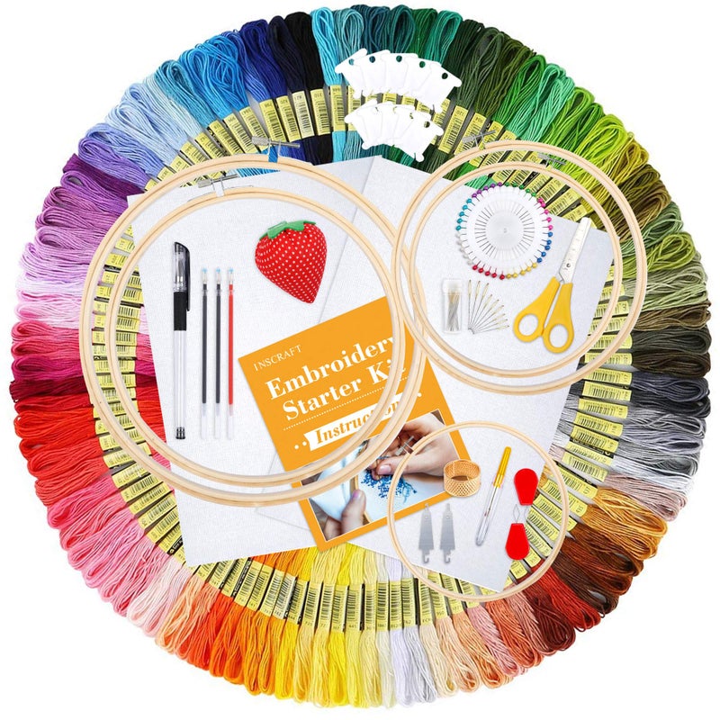 INSCRAFT 304 Pack Embroidery Kit 200 Colors Threads 5 Pcs Bamboo Embroidery Hoops 2 Pcs Aida Cloth Instructions Bag and Cross Stitch Tools Set Hand Embroidery Starter Kit for Beginners Adults