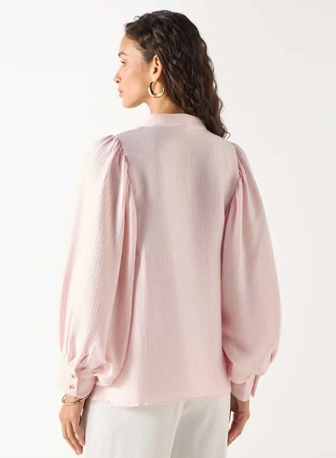 Iconic Iconic Textured Mandarin Collar Shirt with Long Sleeves