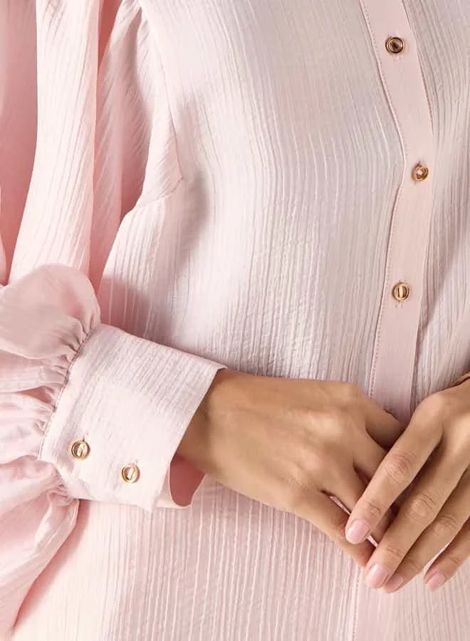 Iconic Iconic Textured Mandarin Collar Shirt with Long Sleeves