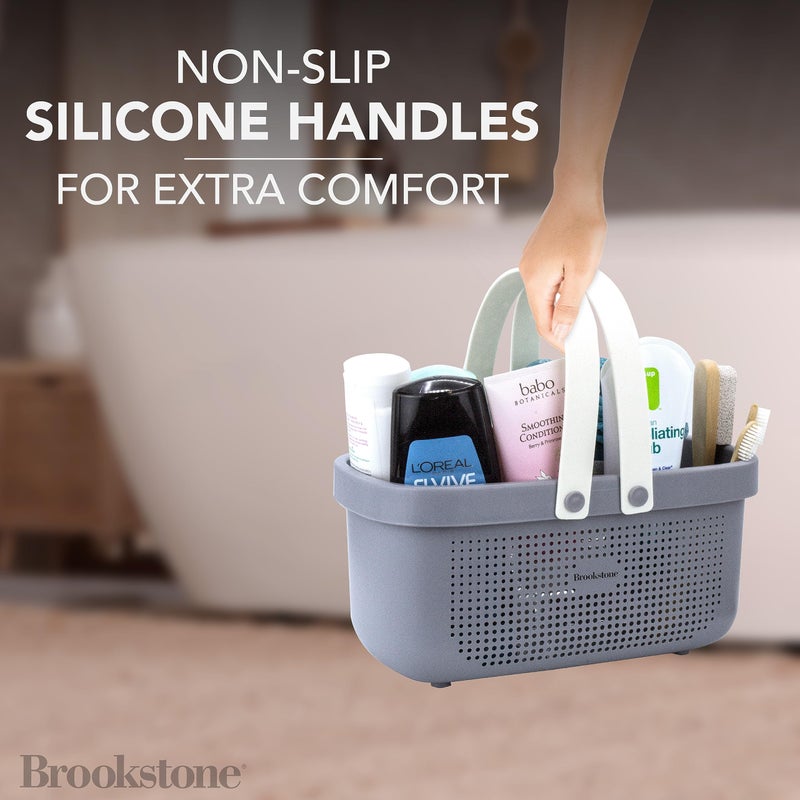 Brookstone Modern Large Portable Shower Caddy with Soft Silicone Carrying Handle, Bathroom Organizer Basket, Plastic Bath Tote and Shower Organizer, Quick Dry Drainage Holes, BPA Free, Grey - Image 2