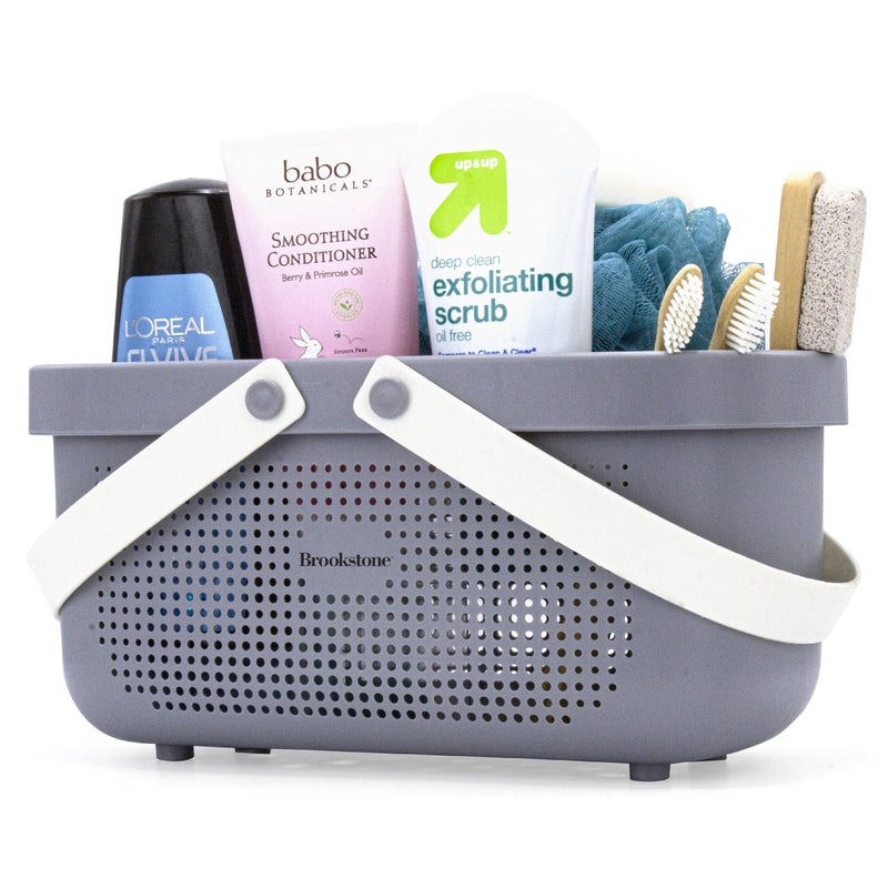 Brookstone Modern Large Portable Shower Caddy with Soft Silicone Carrying Handle, Bathroom Organizer Basket, Plastic Bath Tote and Shower Organizer, Quick Dry Drainage Holes, BPA Free, Grey - Image 1