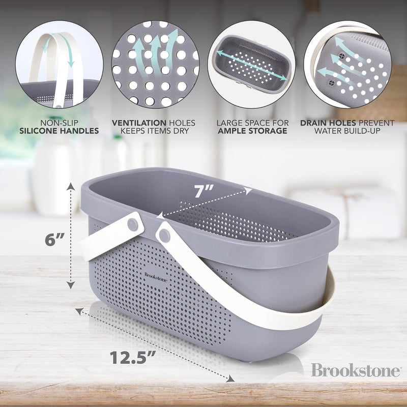 Brookstone Modern Large Portable Shower Caddy with Soft Silicone Carrying Handle, Bathroom Organizer Basket, Plastic Bath Tote and Shower Organizer, Quick Dry Drainage Holes, BPA Free, Grey - Image 4