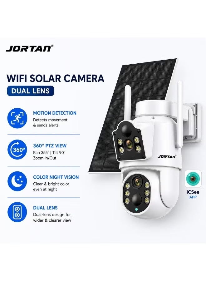 JORTAN 8MP Dual Lens Solar WiFi Outdoor PTZ Security Camera | 360° Pan Tilt Wireless CCTV Camera with Motion Detection Tracking 2-Way Audio Color Night Vision IP66 Waterproof 8000mAh Battery for Home Farm Garage Outdoor Surveillance - Image 1