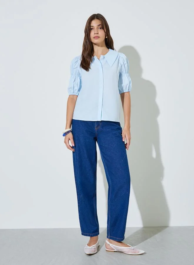 ستايلي Blue Puff Sleeve Button-Up Shirt