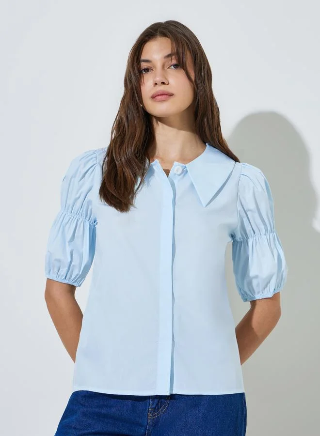 ستايلي Blue Puff Sleeve Button-Up Shirt