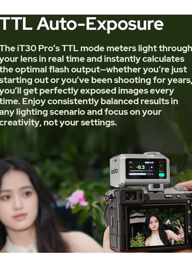 GODOX IT30Pro TTL Mini Camera Flash Light,Full-Color Touchscreen,2.4GHz X System,Built-in Diffuser and Battery (for Sony) - Image 3