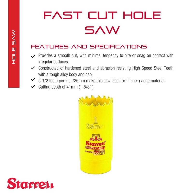 Starrett Starrett BiMetal Fast Cut Straight Pitch Hole Saw with Abrasion Resistant HSS Teeth  Ideal for Cutting Metal Steel and Wood  1 25mm Diameter 158 41mm Depth  FCH0100G  - Image 2